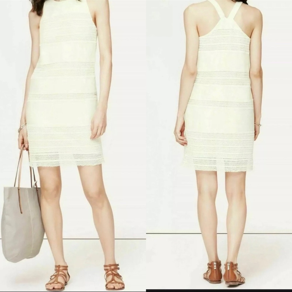 Elegant White ann Taylor loft Lace Dress cotton linen blend dress